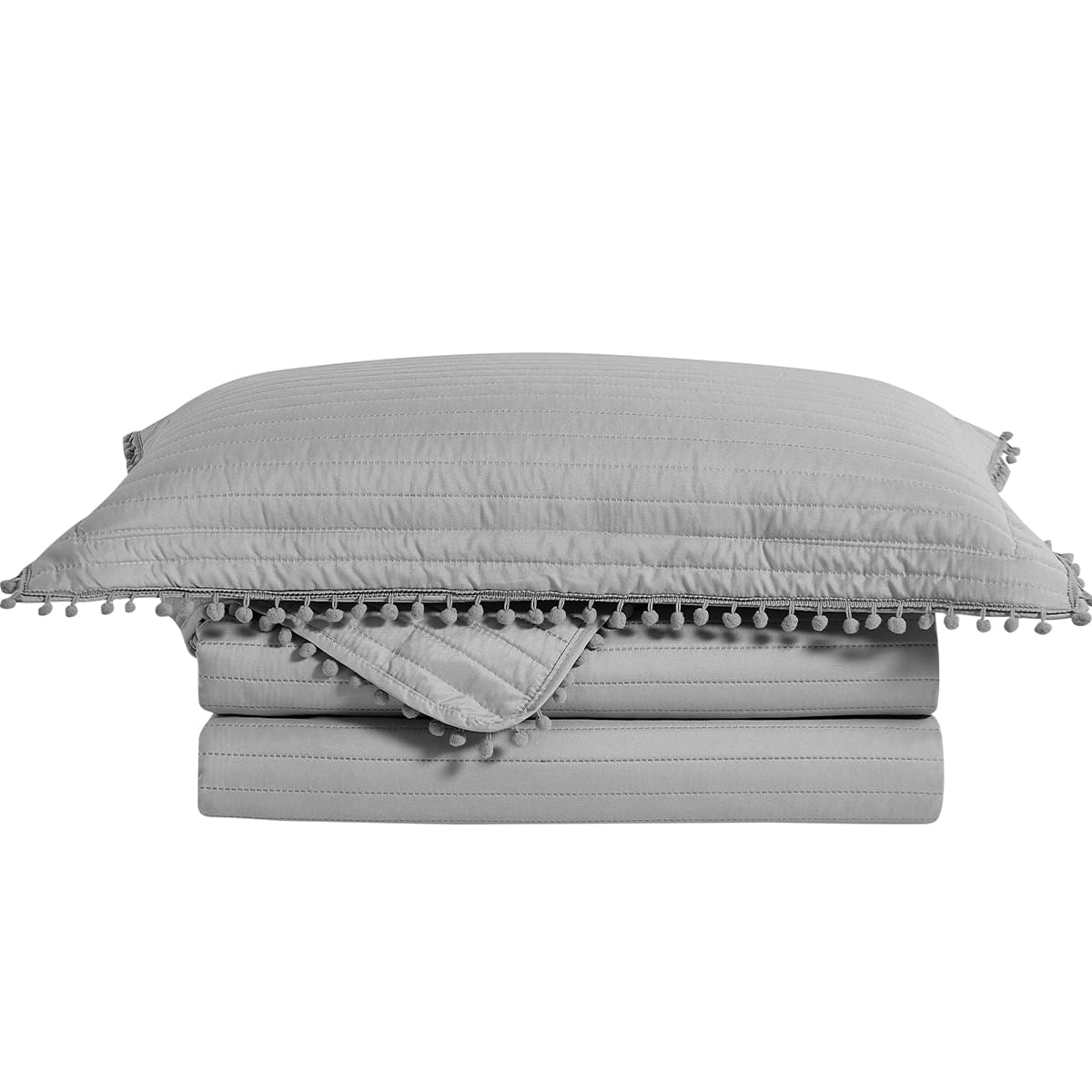 Colcha Solteiro Camesa Pompom Estilo Charmoso com Acabamento Suave 160x230cm - Cinza