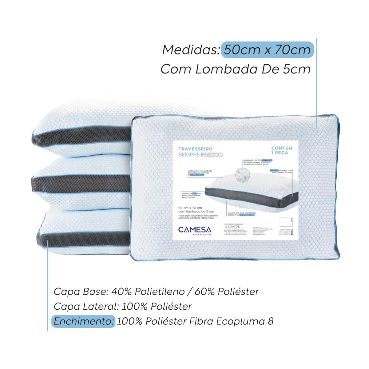 Camesa Travesseiro Toque de Pluma Neo Prime Ecopluma 50x70cm Tela Mesh Cooling Anti Calor