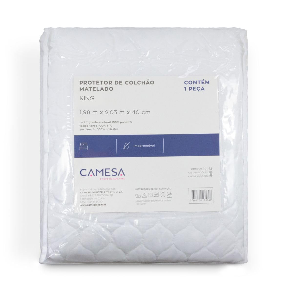 Camesa Protetor de Colchão Matelado Impermeável King 198x203x40cm - Branco
